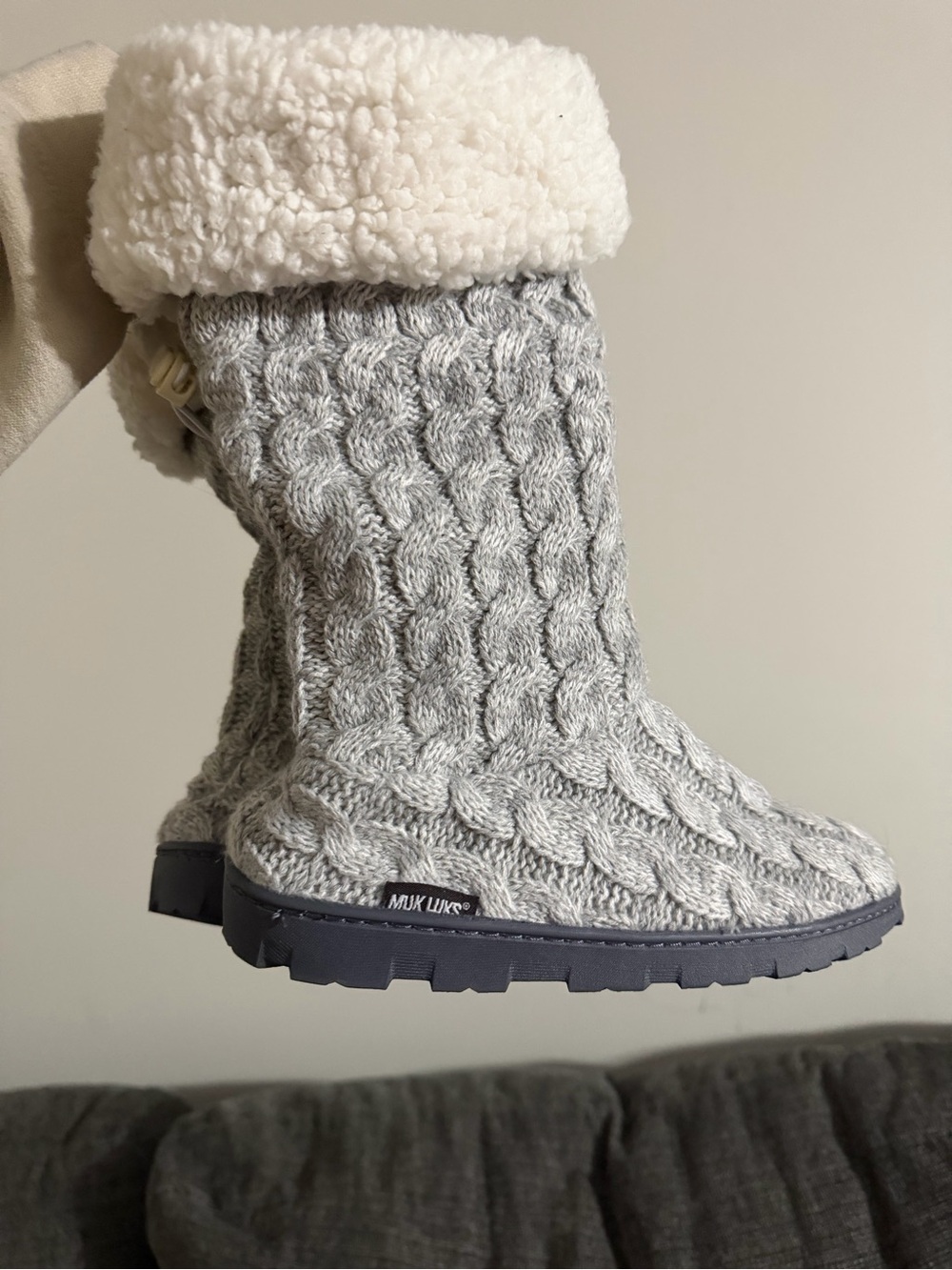 Muk Luks Gray Cable-Knit Sherpa-Lined Slipper Boots